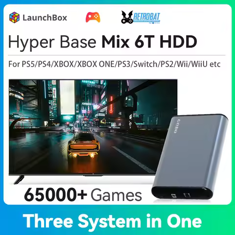 Hyper Base Mix LaunchBox/Retrobat/Playnite Portable Ext 6T Gaming HDD 65000+ 3D/AAA/Retro Games for 