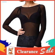 [CHA] Mesh Shirt Fashionable Long Sleeve Tops Sexy Black Mesh See-through Long Sleeve Top O-neck Tra