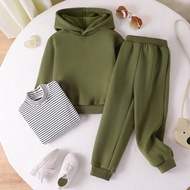 3pcs/Set Young Girl Korean Style Green Fleece Hooded Sweatshirt Set, Loose Fit Design With Striped U
