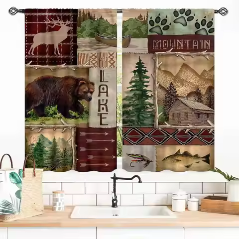 Retro Rustic Kitchen Curtains, Vintage Bear Deer Farmhouse Forest Cabin Lodge Woodland Adventure Cot