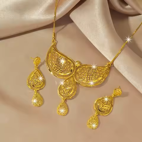Luxury 24K 9999 Pure Gold real gold Bride Necklace Earrings Two-piece Middle East Dubai Wedding Moon