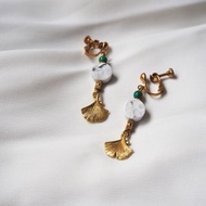 大理石紋 白松石 銀杏葉 黃銅耳環法式耳勾 輕珠寶 B21