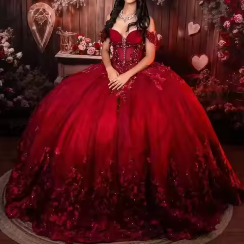 BOMARIS Burgundy Princess Ball Gown Quinceanera Dresses Vestidos De 15 Anos XV Glittering Tull 3D La