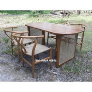 Meja Makan Kayu Jati - Meja Makan Rotan - Kursi Retro Anyaman Lum Jati