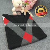 R7 - Rompi Rajut Pria & Wanita | Warna Hitam Motif Kotak Garis Putih Abu | Vest Bahan Premium 100%