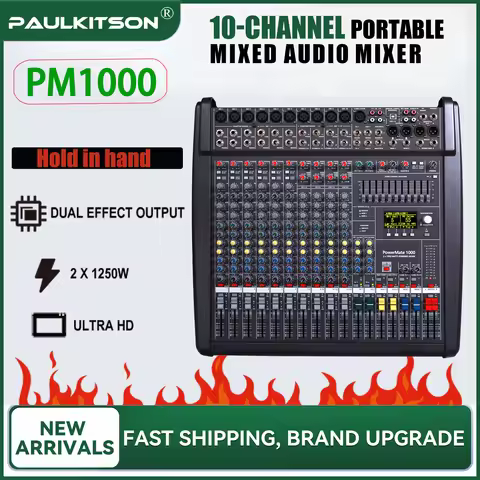 Paulkitson PM1000 10Ch Portable Audio Mixer 2×1250W Built-in Amp Dual DSP 48V Phantom Power Professi