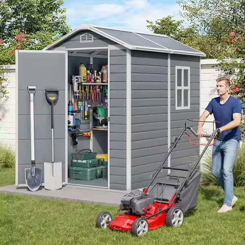 6x4 FT Outdoor Storage Shed with Floor, Resin Garden Tool Shed with Lockable Doors, Window, Vents, R