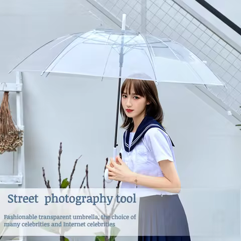 Transparent Umbrella Long Handle Thickened 16-rib Transparent Umbrella Artistic Street Photography T