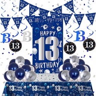 13th Birthday Decorations for Boys Girls, Blue Silver 13th Birthday Decorations Backdrop with Happy 