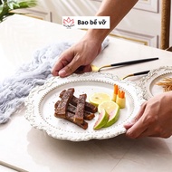 Round ceramic cake plate, French style retro pattern coffee plate, restaurant ceramic plate, dessert