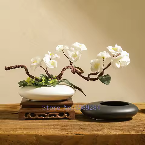 Chinese Style Ceramics Vase Flower Pot Black White Cobblestone Deformation Flower Arrangement Access