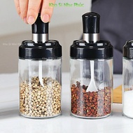 Combo of 5 glass spice jars with spoons - Set of 5 spice jars with lid and spoon - Set of 5 spice ja
