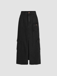 Cider Denim Split Cargo Maxi Skirt