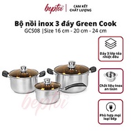Bộ nồi inox cao cấp 3 đáy, nồi chống dính bếp từ Green Cook GCS08-T1 Hàng chính hãng
