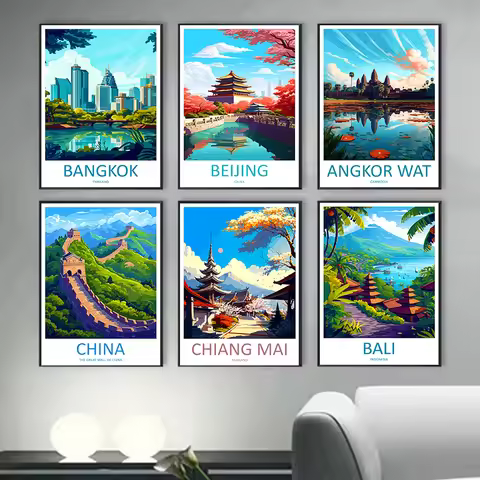 Ayutthaya Bali Angkor Wat Bangkok Beijing Asia Travel Poster Canvas Printing Decor Living Room Bedro