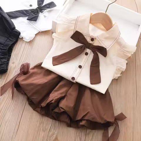 Girls Set Baby Summer Clothes New Bow Top + Shorts 2 Piece Set Children Clothes Girl