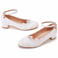 Queen · 3cm Square Heel Shoes Flat Lace Women's Shoes Lace Wedding Shoes Bridal Shoes