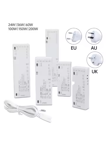 24W-200W LED Cabinet Light Strip Transformer Power Supply AC220V to DC12V/24V EU/AU/UK Plug with 7/9