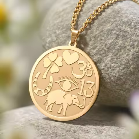 Dawapara Good Luck Elephant Medallion Necklace Powerful Protection Amulet Ohm Symbol Horseshoe Evil 