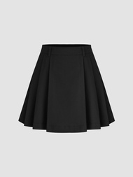 Cider Mid Waist Solid Pleated Mini Skirt