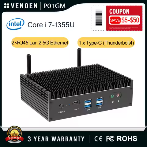 Core I7-1355U Fanless Mini PC i5 1235U Dual 2.5G LAN HDMI DP Type-C Tunderbolt 4 Gaming Desktop Comp