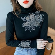 YIMEI เสื้อซับในคอปกสูงของผู้หญิงเสื้อยืดแขนยาวเพชรร้อนแรงใหม่ฤดูใบไม้ร่วงฉบับภาษาเกาหลีเสื้อเว้าเซ็กซี่