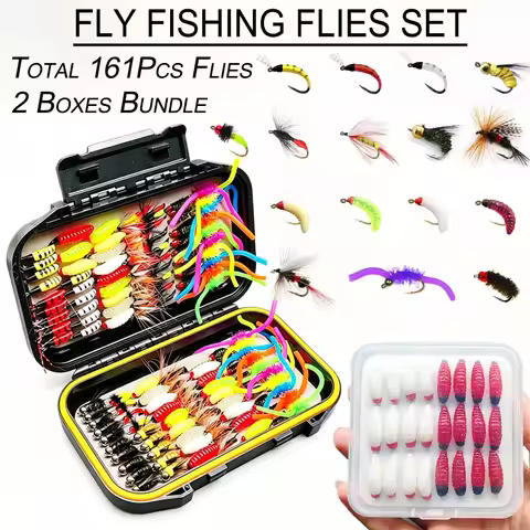 Fly Fishing Flies Total:161Pcs(2 Boxes) Fly Fishing Bait Dry/Wet Fly Nymph Fly Fishing Lure Fly Box 