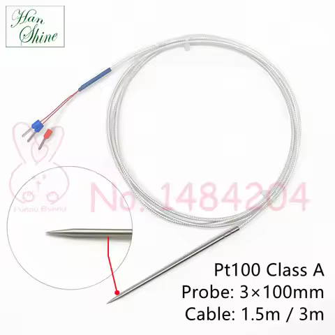 Pt100 Class A Temperature Sensor 3mm * 100mm Needle Tip 3 Wire Shielded Cable 1.5m / 3 Meter Food Gr
