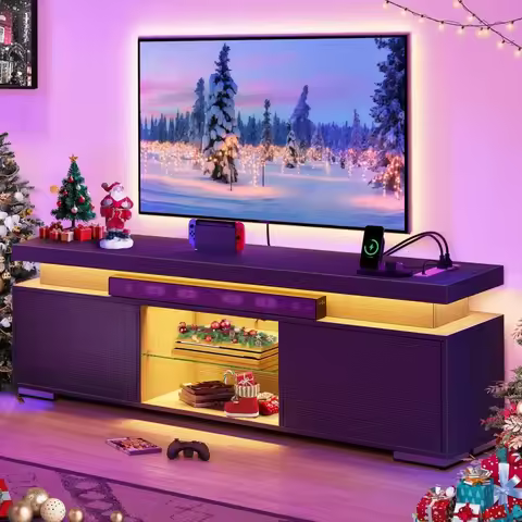 LED TV Stands W/Power Outlets & Storage, 65 55 50 Inch TV Stand, Modern Entertainment Center, Wood T