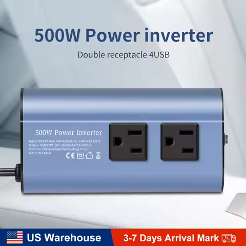 American socket Double receptacle 4USB 500W Modified Frequency Inverter DC12V To AC110V Ports Car Ad