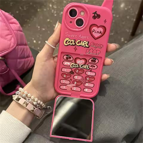 Ins Korean Retro Y2k Cherry Heart 3D Pink Make Up Mirror Case For iPhone 16 15 14 13 12 11 Pro Max P