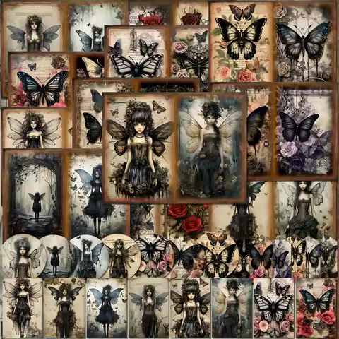 JAI IMAN 58pieces(12papers+46stickers) Gothic Butterfly Fairy Scrapbook Paper Set,Perfect for Journa