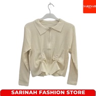 Kaos Crop Top Lengan Panjang Atasan Wanita Resleting Depan