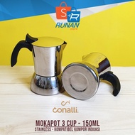 Moka Pot Stainless 3 cup Conalli Mokapot Induksi 150ml Coffee Maker