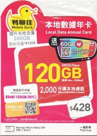 {荃灣24Cards} 鴨聊佳 本地 4G LTE 120GB 上網 + 2000MIN 通話  中國移動 數據儲值卡