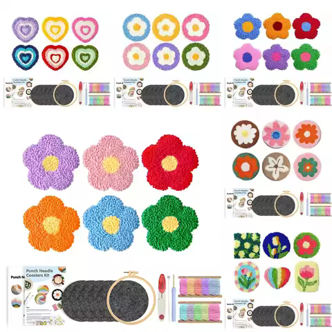 GATYZTORY 6pcs/Set Flower DIY Punch Needle with Coasters Kit Dog Punch Needle Kit Complete Embroider