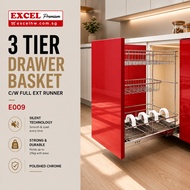 EXCEL E009 3 Tier Drawer Basket C/W Full Ext Runner Soft Closing Kitchen Cabinet Pull Out Storage Ba