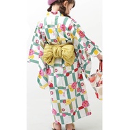 日本 devirock - 純棉夏日祭典花朵浴衣兵兒帶2件組-牡丹格紋-綠x黃