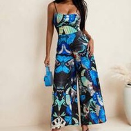 Women Butterfly Printed Bustier Spaghetti Straps Wide-Leg Jumpsuit Vacation Wear For Summer Hawaii O