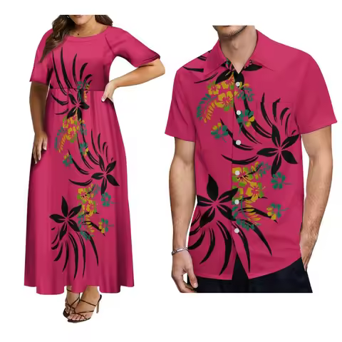 Hot Selling Women'S Short-Sleeved Dress Polynesian Island Style Couple Suit Samoa Hawaiian Beach Par