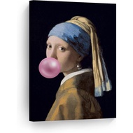 Johannes Vermeers Masterpiece Girl with a Pearl Earring Pink Bubble Gum Art Canvas Print Famous Pain