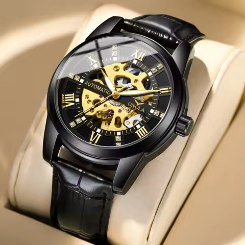 ONOLA Business Hollow Men's Fully Automatic Mechanical Watch Leather Waterproof Watch Strap Casual W