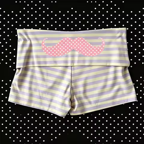 Y2K Pastel Striped Fold Over Boyshort Shorts with Cute Polk Mustache Print High Waist Casual Summer 
