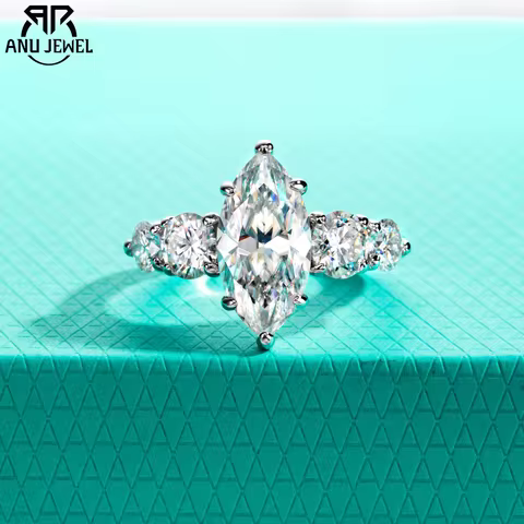 AnuJewel 3ct Marquise Cut D Color Moissanite Diamond Engagement Ring 925 Sterling Silver With Cer Wo