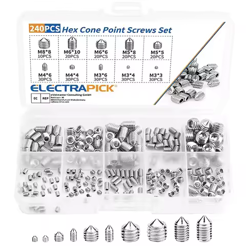 240pcs Stainless Steel Hex Socket Screw Set Slotted Head Cone Point Grub Screw M3 M4 M5 M6 M8 Tapere