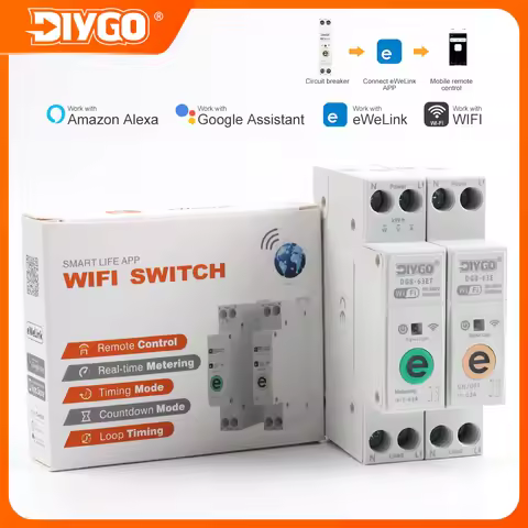Din Rail 1P+N 63A WiFi Smart MCB eWeLink APP Power Metering Voltage Protection Timer Relay Voice Rem