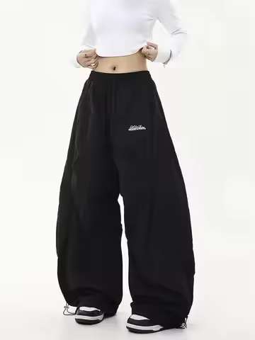 Women Casual Joggers Tech Pants Solid Low Waist Pants Drawstring Wide Leg Baggy Trousers Y2k Streetw