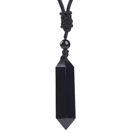 Natural Black Obsidian Stone Pendants Hexagonal Prism Pendant Sweater Chain Necklace Safe Lucky For 