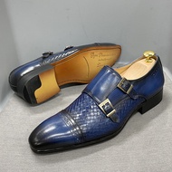 DANIEL WAFER Classic Men Dress Shoes Genuine Leather Double Buckle Monk Strap Cap Toe Blue Wedding Business Formal Suit Shoes