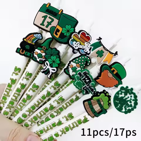 11pcs/17pcs St. Patrick's Day Lucky Clover Ballpoint Pens - Irish Green Themed Gel Pens, Stationery 
